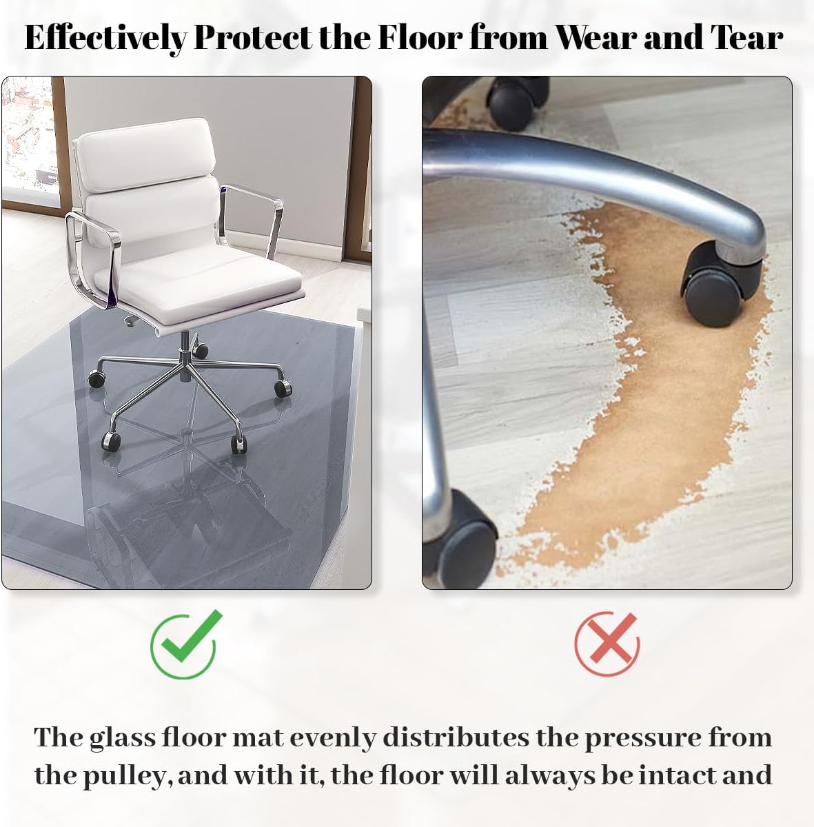 Tempered Glass Floor Mat for Office Chair, 36" x 46" Heavy Duty Hard Office Chair Mat, for Carpeted or Hard Floor, with 4 Anti-Slip Pads, Grey