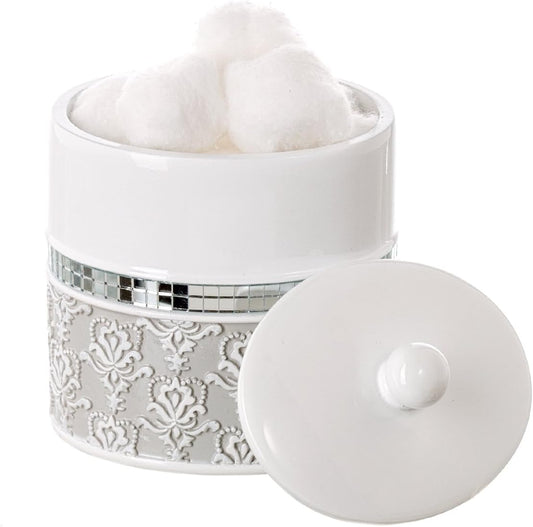 Creative Scents Mirror Damask Qtip Holder - Decorative Qtip Holder Canister Jar, Durable Cotton Swab Ball Holder/Container - Bathroom Vanity Accessories (Gray & White)