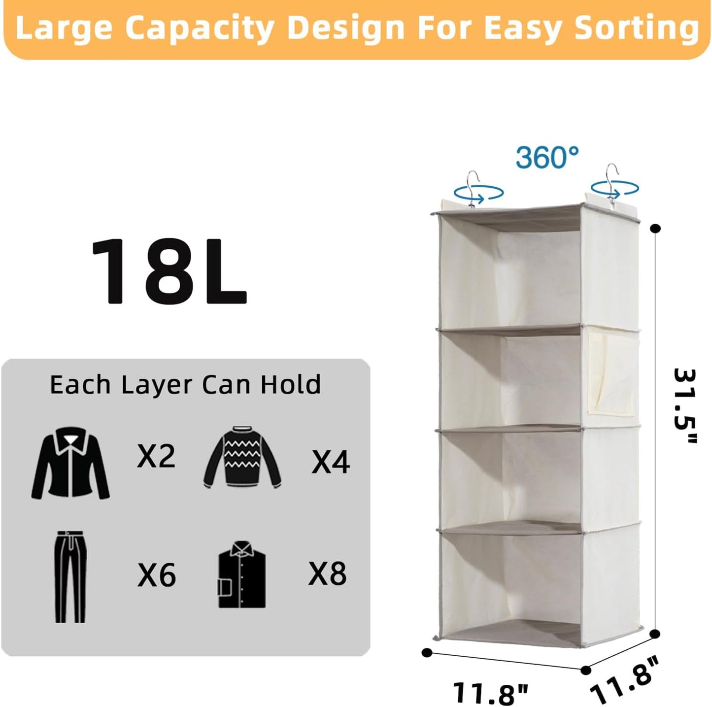 2 Packs Hanging Closet Organizer, 4-Shelf Closet Organizers and Storage with Side Pockets, Collapsible Hanging Shelves for Closet & RV & College Dorm,Beige