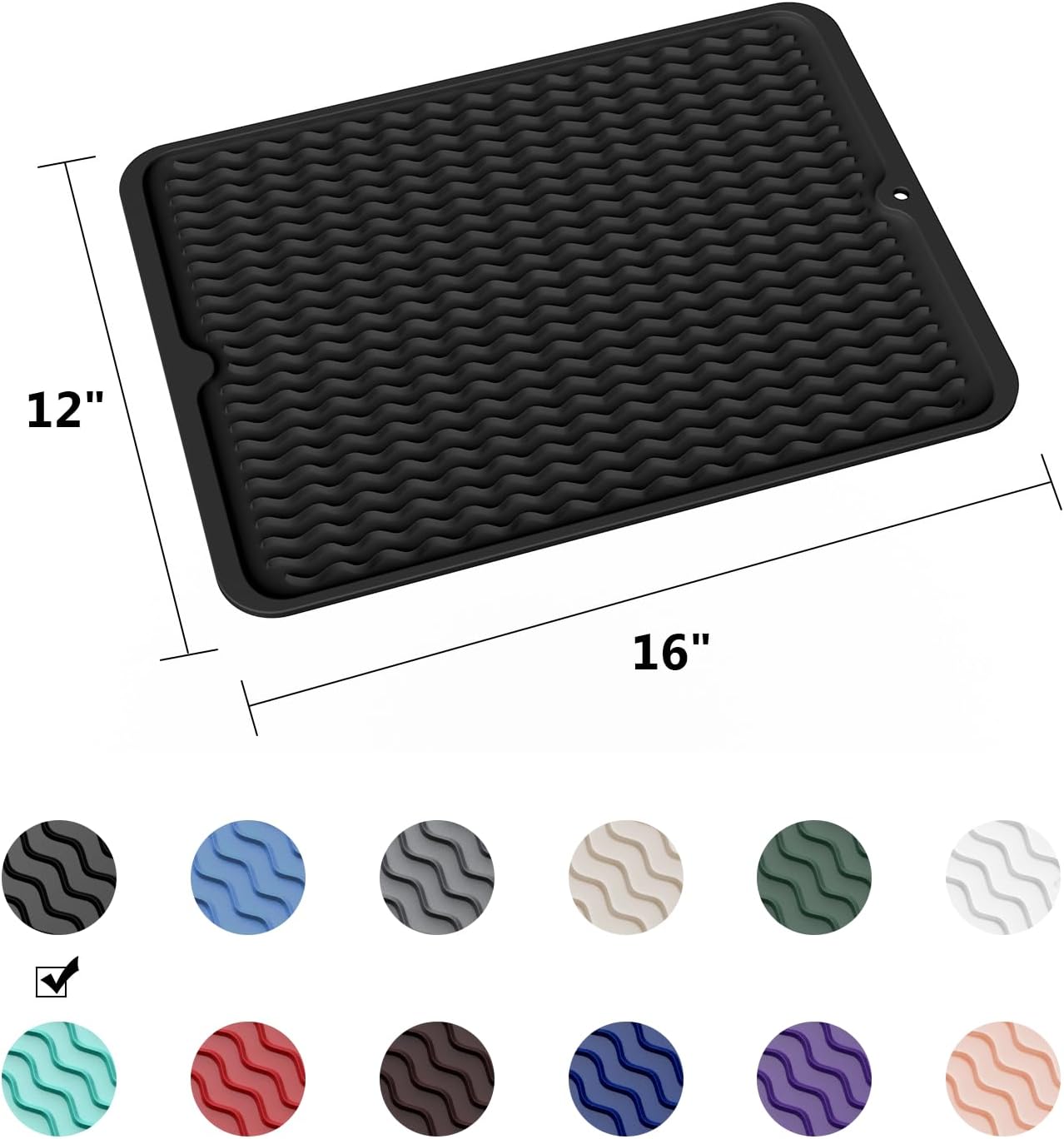 ZLR Silicone Dish Drying Mat for Kitchen Counter, Eco-Friendly Fast Dry Dish Mat, Easy Clean Multi Usage Drying Matt, Heat Resistant Trivet, 12" x 16" Large, Black