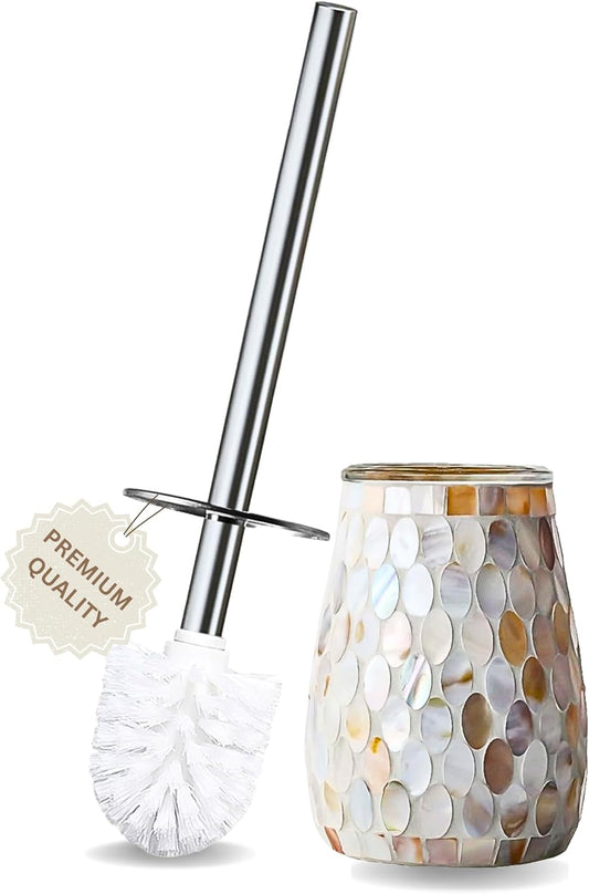 Escenzy Modern Toilet Brush and Holder Set | Natural Shell Mosaic Glass | Non-Rustic Stainless Steel | Practical & Decorative Toilet Bowl Brush and Holder | Luxury Bathroom Accessories