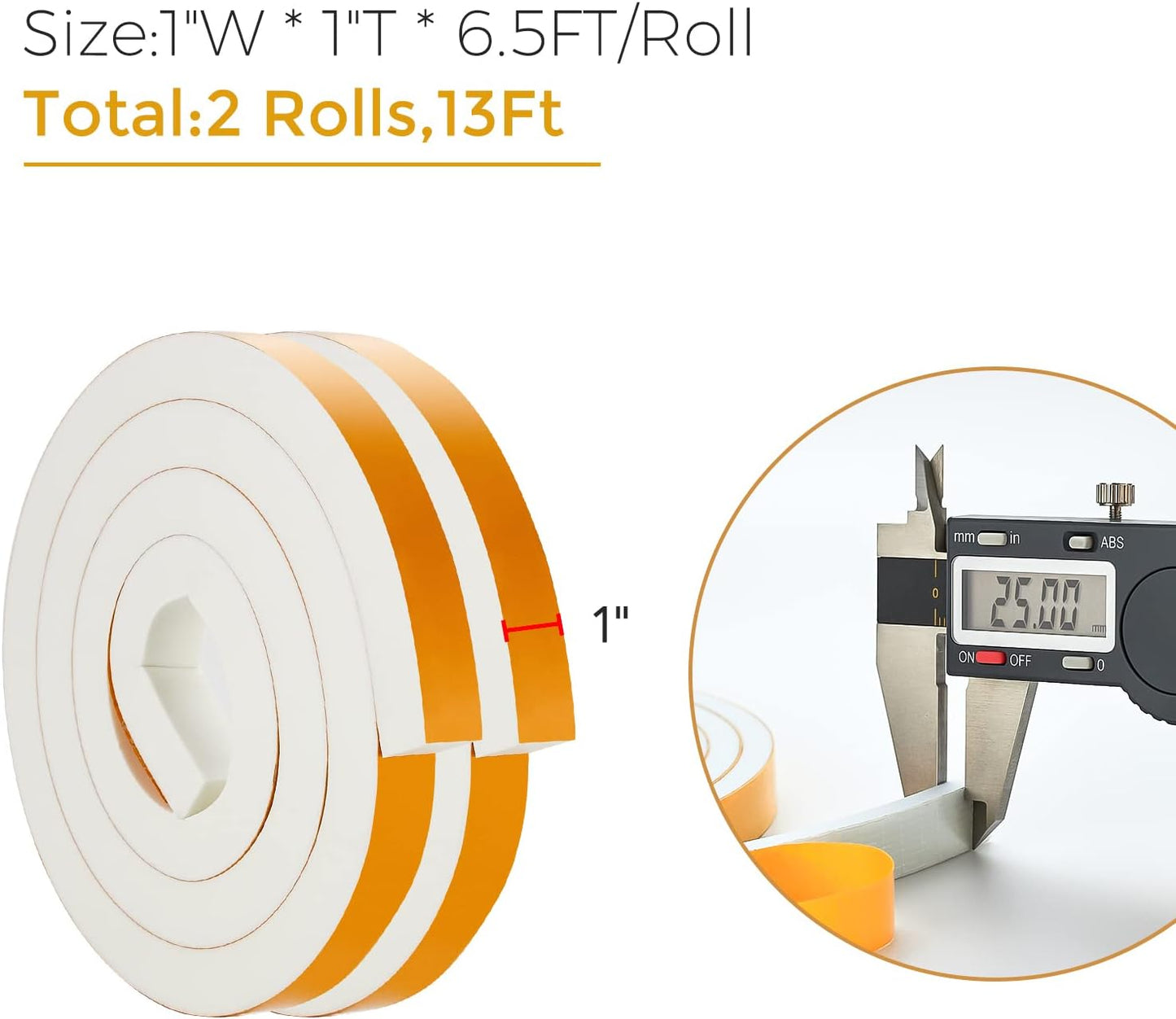 13 Feet Weather Stripping Door Seal, 1" Wide X 1" Thick Door Seal Strip High Density Foam Tape Adhesive Strip for Door Soundproofing,Window Insulation (1" x 1" x 13FT,White)