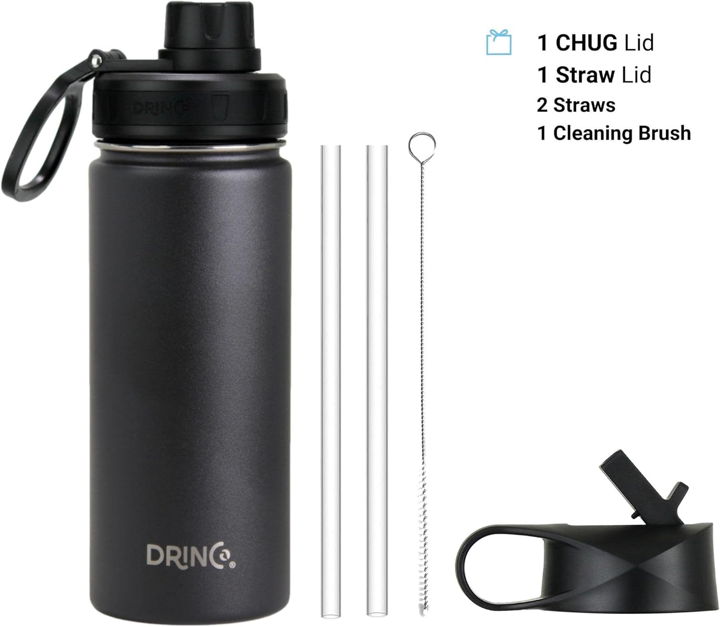 DRINCO Stainless Steel Water Bottle Spout Lid Vacuum Insulated Double Wall Water Bottle Wide Mouth (40oz 32oz 22oz 18oz 14oz) Leak Proof Keeps Cold or Hot (18 oz, 18oz Black)