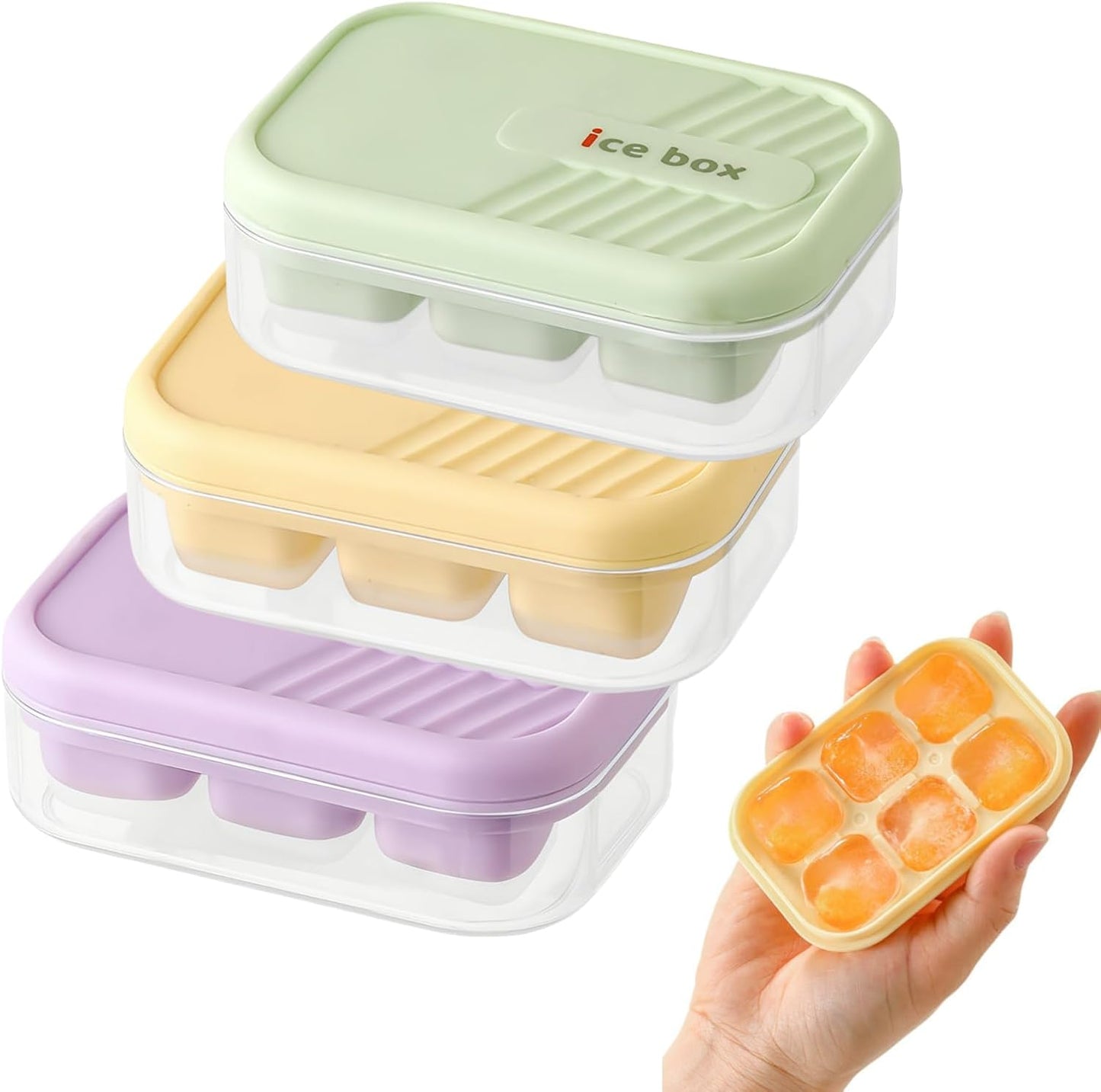 3-pack mini ice cube tray with lid and bin - 6-cubes each,easy remove and stackable, small ice cube trays for mini fridge, for coffee and personal use