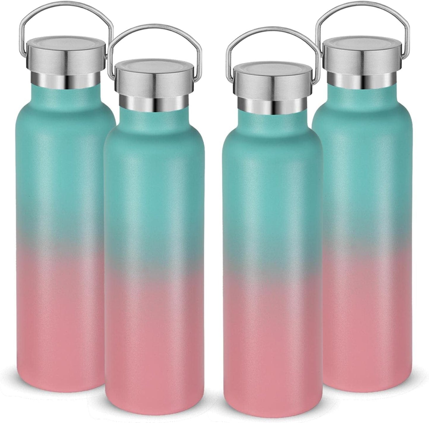 Neihepal 20 oz Insulated Water Bottles Bulk 4 Pack,Stainless Steel Double Wall Sport Bottle with Lid of Handle,Metal Reusable Thermoses Flask for School,Cyclists,Hikers,Gift (Green-Pink,Set of 4)