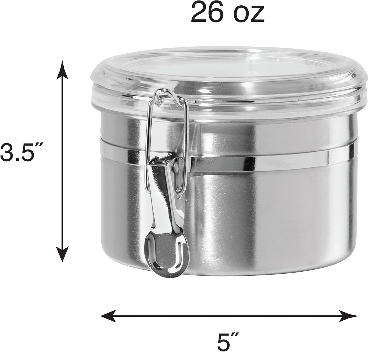 OGGI Stainless Steel Kitchen Canister 26 fl oz - Airtight Clamp Lid, Clear See-Thru Top - Ideal for Kitchen Storage, Food Storage, Pantry Storage. Size 5" x 3.5".