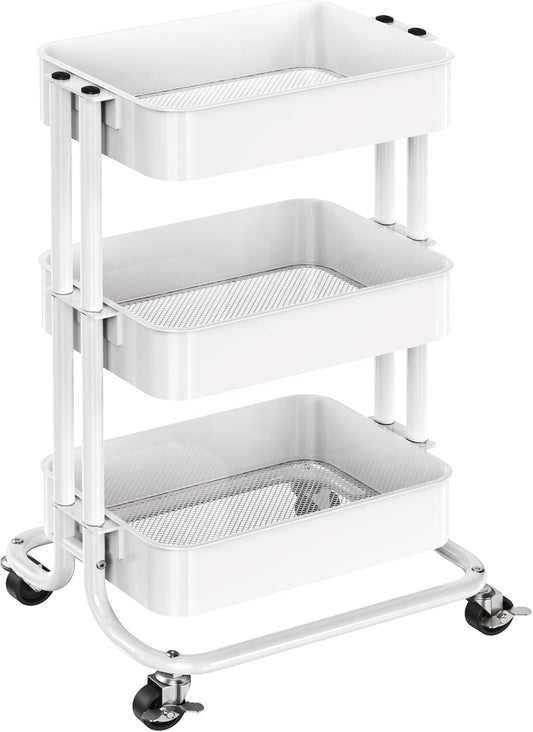 Pipishell 3 Tier Metal Rolling Utility Cart, Heavy-Duty Storage Rolling Cart with 2 Lockable Wheels, Multifunctional Mesh Organization Utility Cart for Kitchen Dining Room Living Room (White)