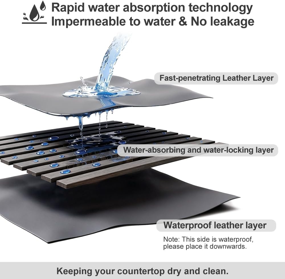 Large Stone Dish Drying Mat for Kitchen Counter, 25.2" × 16.1" Quick Dry Collapsible Diatomaceous Earth Mat with PU Leather, Waterproof Bottom, Absorbent Drying Matt for Dishes Cookware Bottles Cups