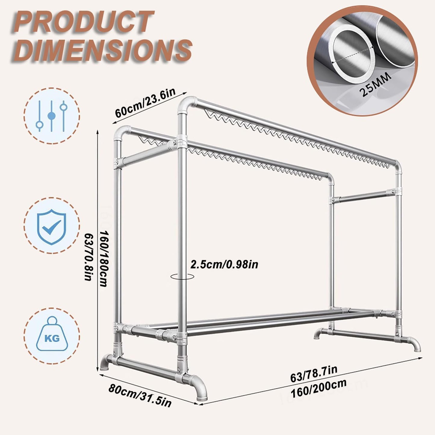 Clothes Drying Rack with Windproof Hooks, 63 inch Drying Rack Clothing Indoor Outdoor, Free Standing Metal Clothes Rack