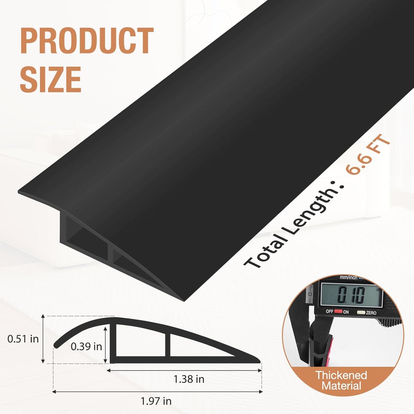 Floor Transition Strip Self Adhesive Vinyl Door Threshold for Doorways Carpet Edging Trim Overlap Edge Reducer for Laminate Floor, Carpet, Tile (Black, 1/5" to 2/5", 6.6Ft)