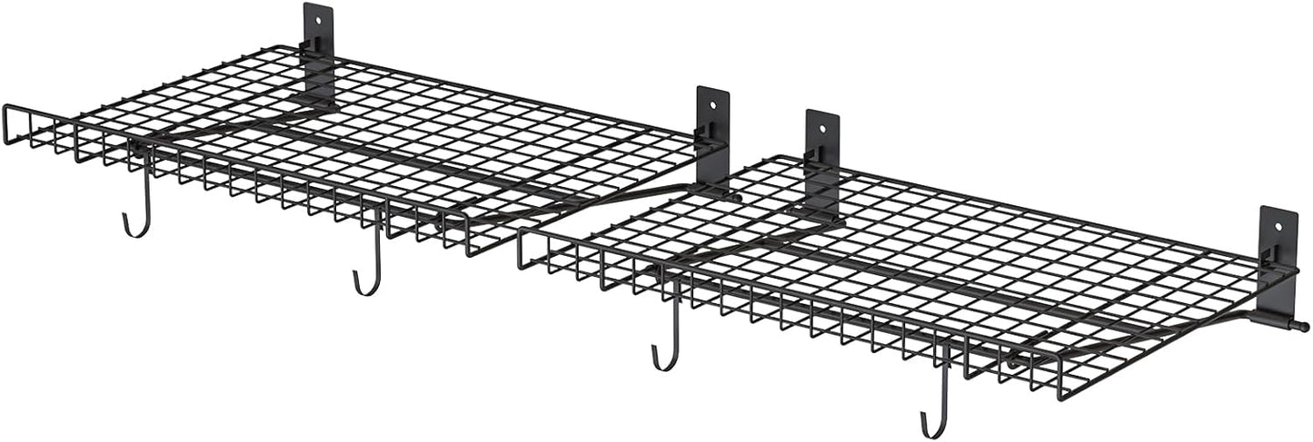2 Pack Foldable Wall Shelf, Wall Mounted Garage Storage Shelves, Heavy Duty Wall Shelving Supports Up To 90 LBS. Floating Shelves With 4 Hooks Metal Storage Rack for Office, Kitchen and Laundry Room
