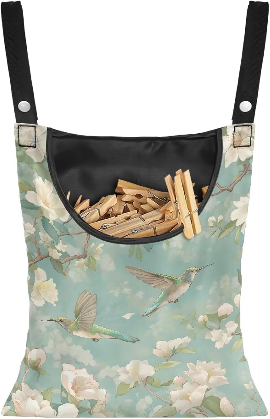 Clothespin Bag with Large Capacity for Mini and Wooden Clothespins with Large Opening Storage Organizer Laundry Hanging Bag - Hummingbird Flower Print
