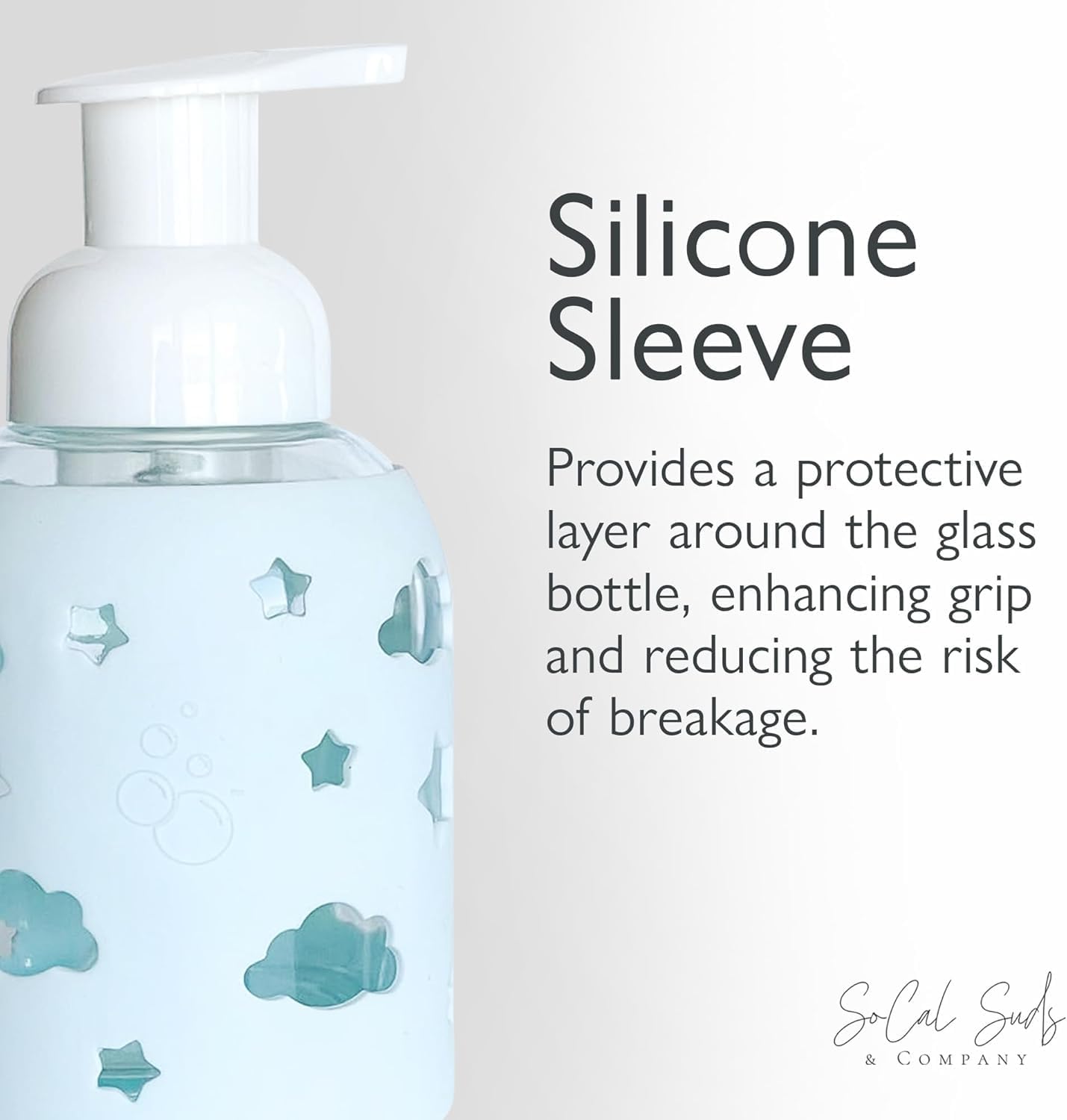 SoCal Suds & Company Glass Foaming Hand Soap Dispenser, Soft Grip Silicone Sleeve, Refillable Pump Bottle for Kids, Baby Wash & Shampoo, Ideal for Home Use, Light Blue 8oz