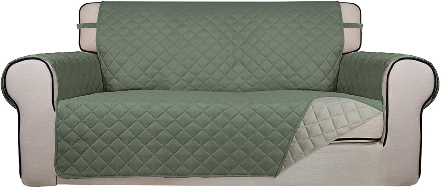 PureFit Reversible Quilted Sofa Cover, Water Resistant Slipcover Furniture Protector, Washable Couch Cover with Non Slip and Elastic Straps for Kids, Dogs (Oversized Loveseat, Greyish Green/Beige)