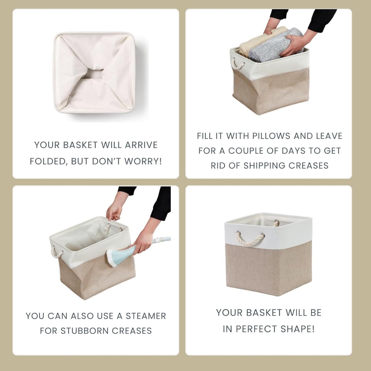 Mangata Canvas Storage Boxes, 11 Inch Cube Storage Bins Set of 6, Fabric Baskets with Cotton Rope Handle for Organizing Clothes Nursery Home (Khaki/White)