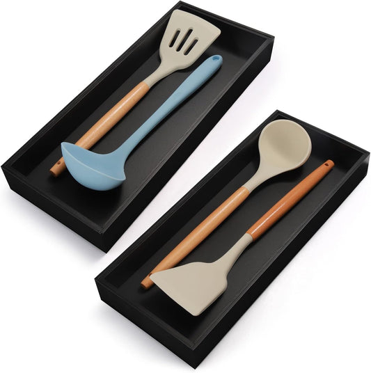 Bamboo Kitchen Drawer Organizer - Set of 2, Stackable Utensil Organizers, Wooden Storage Box Tray for Cabinet, Pantry, Bathroom Countertop, Multi-use Organization and Storage (Black)