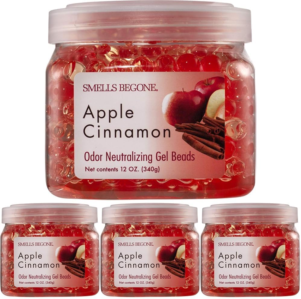 SMELLS BEGONE Odor Eliminator Gel Beads - Air Freshener - Eliminates Odor in Bathrooms, Cars, Boats, RVs and Pet Areas - Made with Essential Oils - Apple Cinnamon Scent - 12 Ounce (Pack of 4)