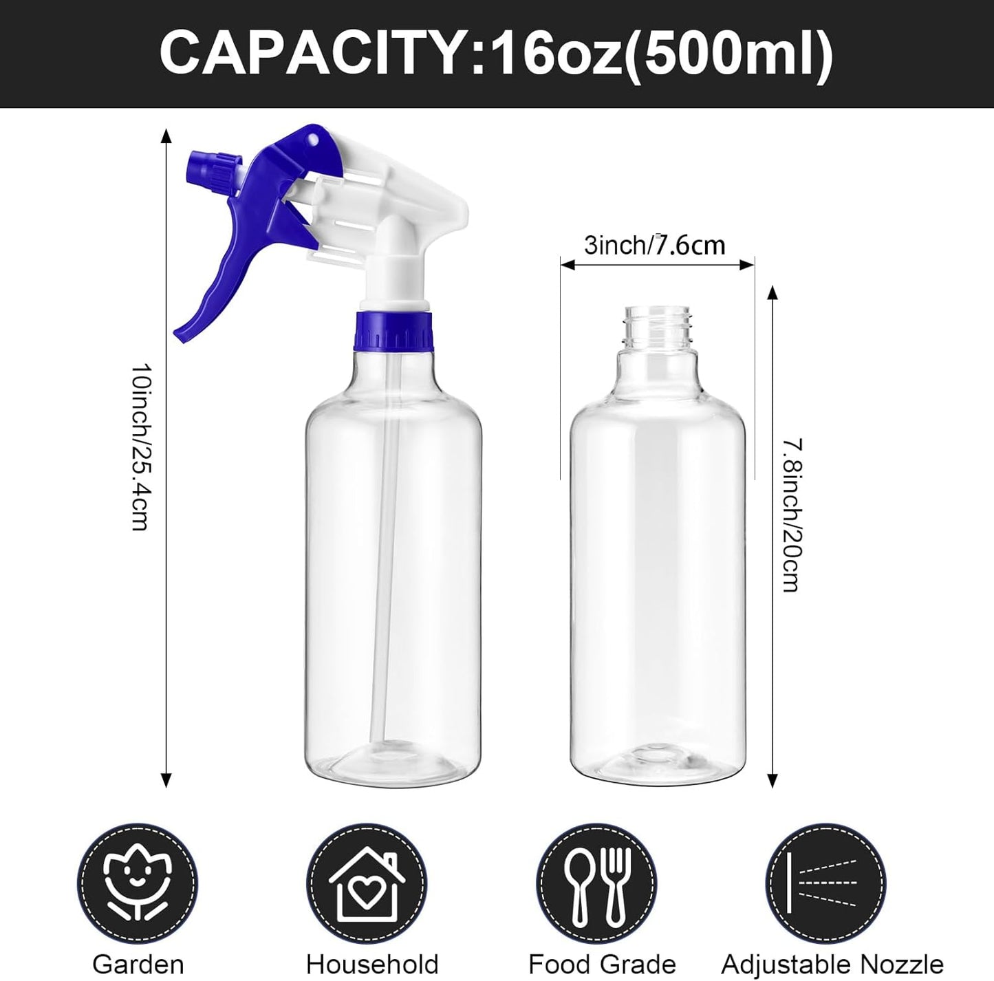 Eccliy 12 Pcs 16 Oz Plastic Spray Bottle, Adjustable Empty Reusable Sprayer for Cleaning, Planting, Water, Bathroom and Kitchen, BBQ, Commercial and Residential(Multicolor,Clear)