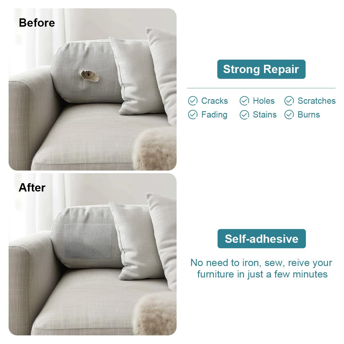 J.CARP 2Pcs Linen Repair Patches, Large Self-Adhesive Fabric Patch for Sofas, Couch, Furniture, Car Seats (8 * 11 inches-2PCS Light Gray)