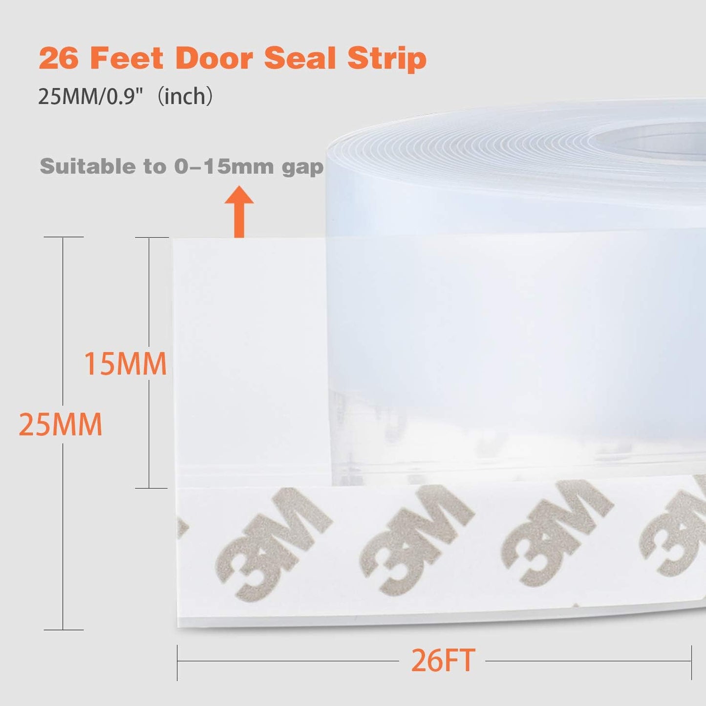 26 Feet Silicone Seal Strip, Door Weather Stripping Window Sealing Tape for Draft Stopper Adhesive Doors Windows and Shower Glass Gaps (Transparent, 25MM)