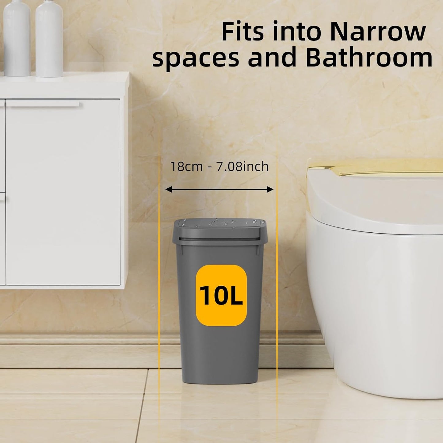 3 Pack Bathroom Small Trash Can with Lid, 2.6 Gallon Slim Garbage Bin with Pop-Up Lid, 10L Plastic Wastebasket for Bedroom, Office, Kitchen, Toilet (Gray)