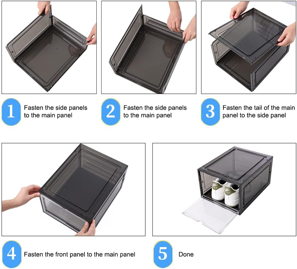 8 Pack Shoe Boxes Clear Plastic Stackable, Drop Front Shoe Storage Organizer for Closet, Sneaker Storage with Magnetic Door, Shoe Display Containers Fit US Size 12(13.4”x 10.6”x 7.5”) Black