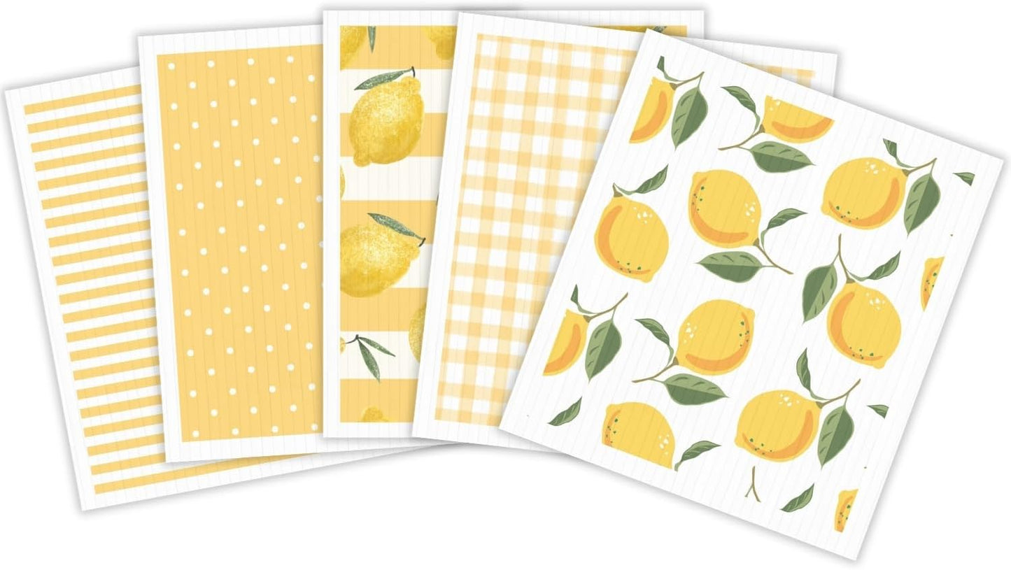 HALL & PERRY Swedish Dishcloths for Kitchen, 5-Pack, Reusable Cellulose Sponge Cloths for Kitchen & Cleaning – Eco-Friendly, Ultra-Absorbent, Quick-Drying (Lemon Yellow)