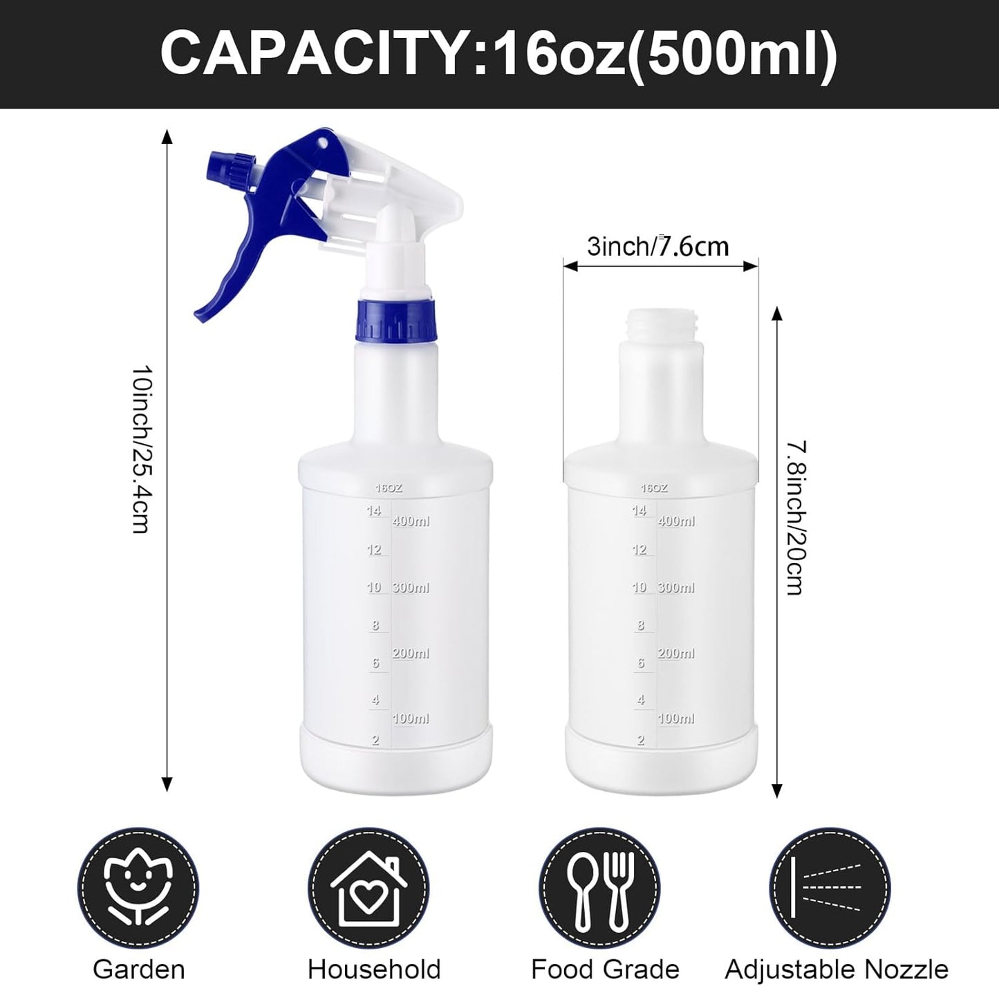 Eccliy 12 Pcs 16 Oz Plastic Spray Bottle, Adjustable Empty Reusable Sprayer for Cleaning, Planting, Water, Bathroom and Kitchen, BBQ, Commercial and Residential(Blue & White,Measurement)