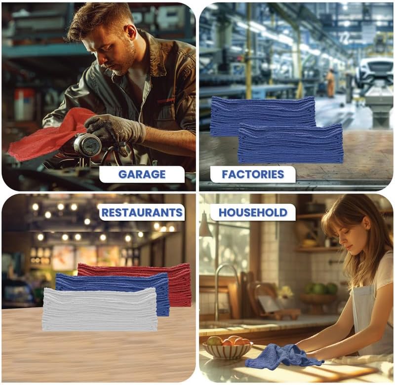 Shop Towels (Blue, 100-Pack) - Bulk Cleaning Towel in a Bag, Mechanic Cotton Wipes for Car Maintenance, Auto Mechanics & Garage, Wipe Grease & Oil, Machine Wash & Reusable