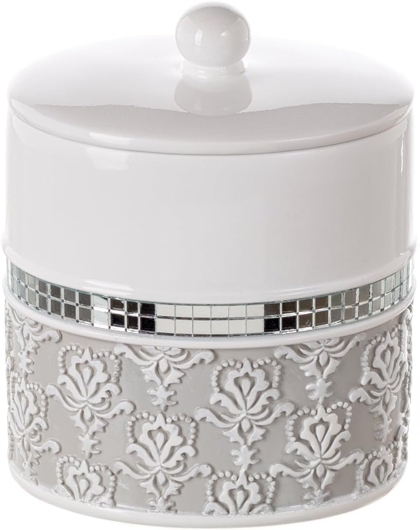Creative Scents Mirror Damask Qtip Holder - Decorative Qtip Holder Canister Jar, Durable Cotton Swab Ball Holder/Container - Bathroom Vanity Accessories (Gray & White)