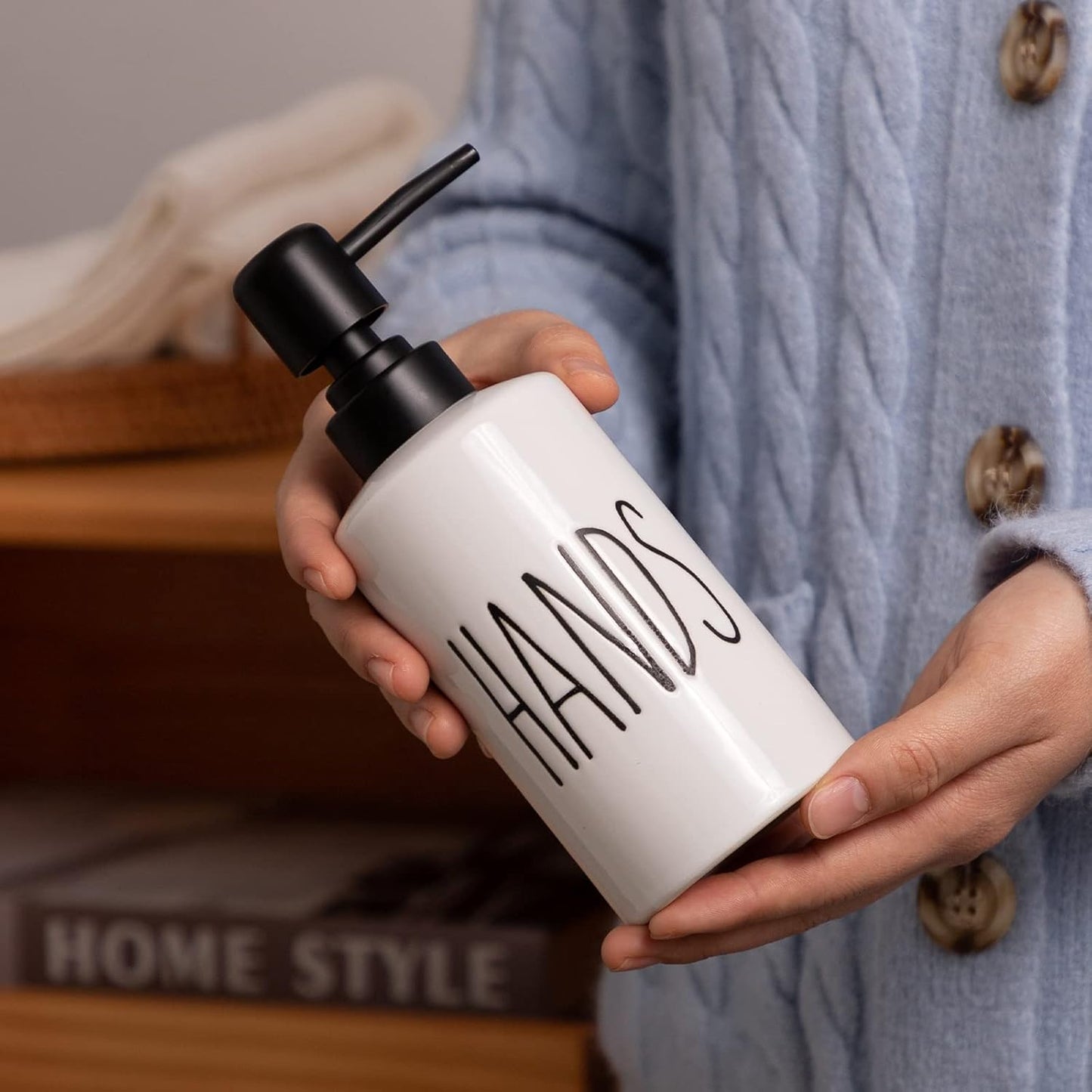 FE Hand Soap Dispenser, 10oz Ceramic Soap Dispenser for Bathroom with Plastic Pump(Hands)