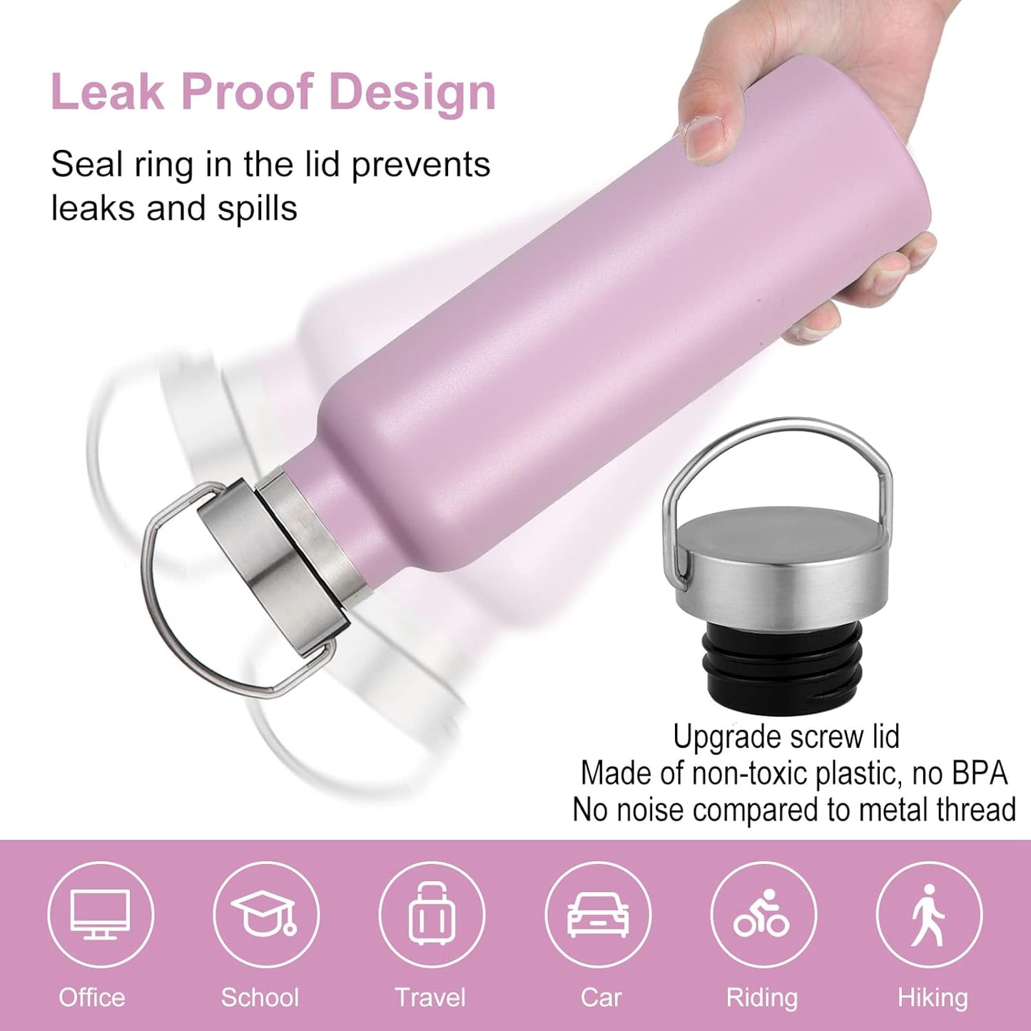 Neihepal 20 oz Insulated Water Bottles Bulk 8 Pack,Stainless Steel Double Wall Sport Bottle with Lid of Handle,Metal Reusable Flask with Cup Cap for School,Hikers,Gift (Pink,Set of 8)