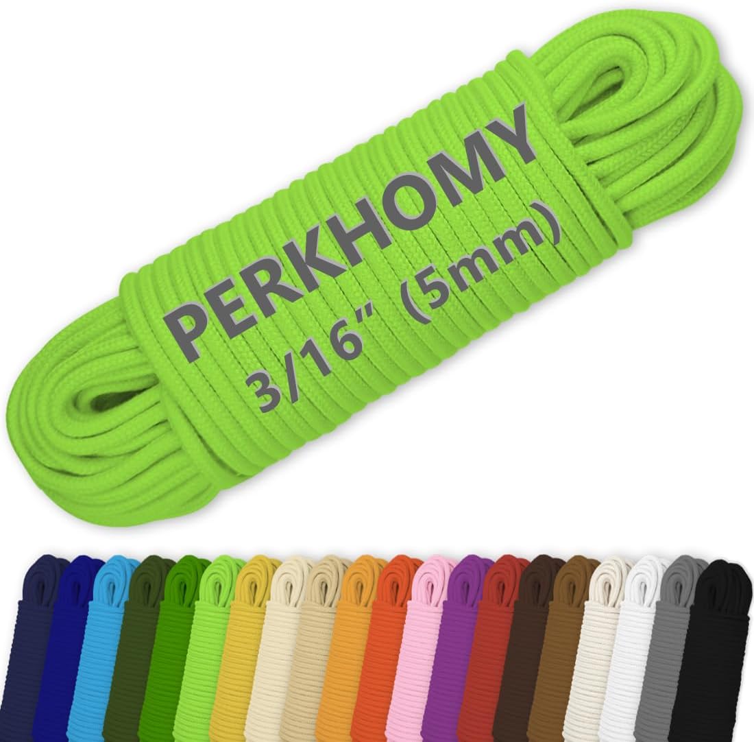 PerkHomy Cotton Rope 3/16" (5mm) 100 ft Multi Purpose Utility Diamond Braided Cord, Natural Cotton for Clothes Line Camping Crafting Flag Pole, Light Green