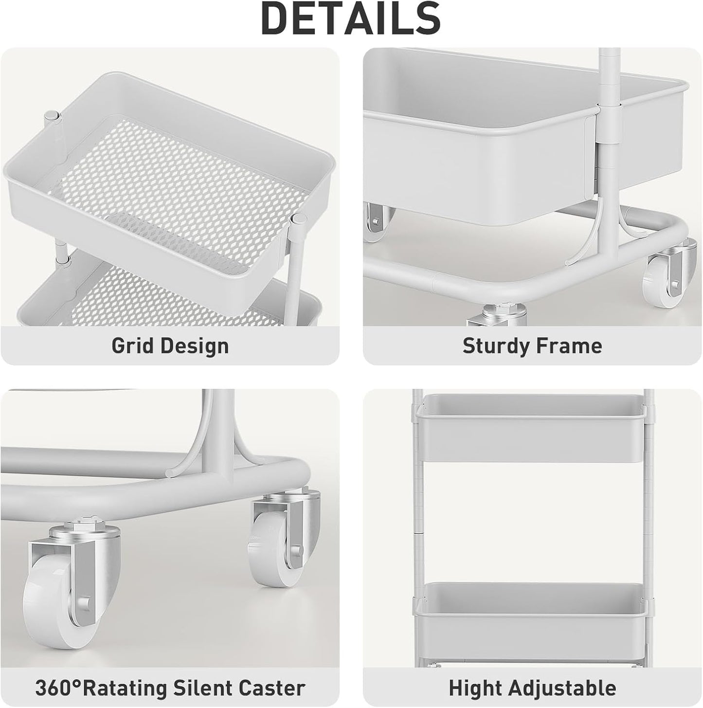 3 Tier Modern Metal Rolling Tool Cart with Silent Casters, 17.72×12.40×35.04 inch Heavy Duty Organization Truck Trolley Organizer for Office, Living Room, Kitchen, (White)