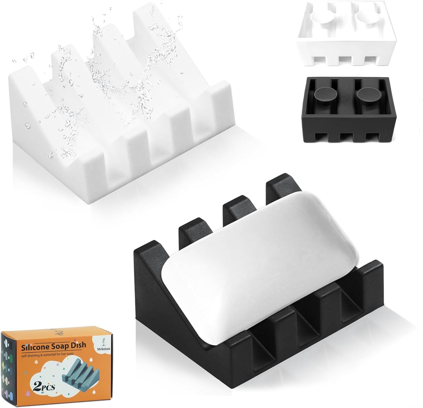 Silicone Soap Dish for Bar Soap Holder for Shower Bathroom Self Draining Waterfall Drying Tray Keep Soap Bars Dry Clean & Easy Cleaning (Black White, 2)