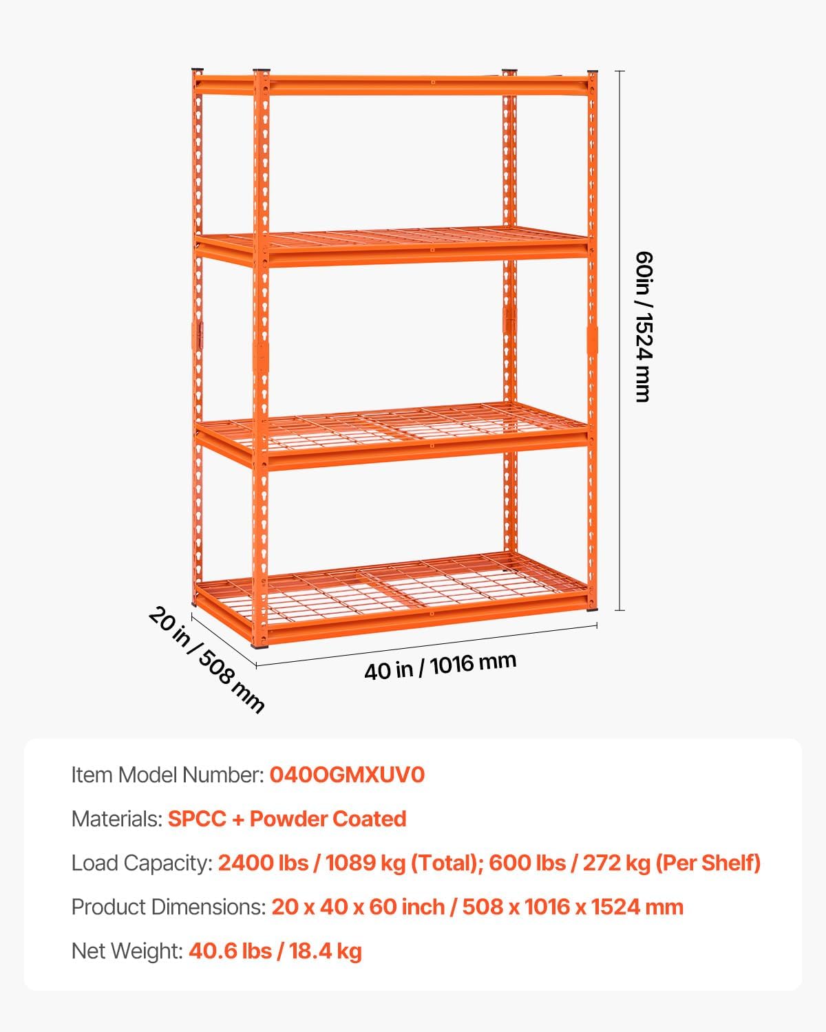 VEVOR Storage Shelves, 2400 lbs, 4 Tier Heavy Duty Garage Shelving, 20" D x 40" W x 60" H Adjustable Metal Shelves for Industrial Shelving Unit Utility Shelf, for Kitchen, Warehouse, Basement, Orange