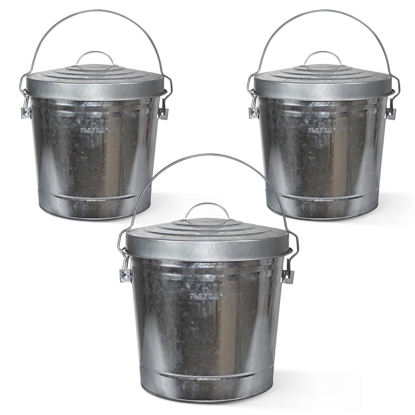 Plexon 6 Gallon Small Metal Trash Can with Locking Lid Galvanized Metal Bucket for Poultry Feed Bird Seed Storage Ash Outside Garbage Can with Lid, 3 Pack
