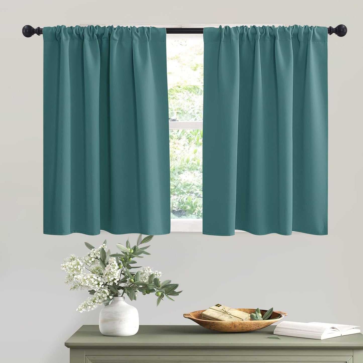 RYB HOME Kitchen Curtains Blackout - Half Window Curtains Thermal Insulated Blackout Privacy Drapes for Living Room Cafe Bedroom Basement, W 42 x L 36, Teal, 2 Panels