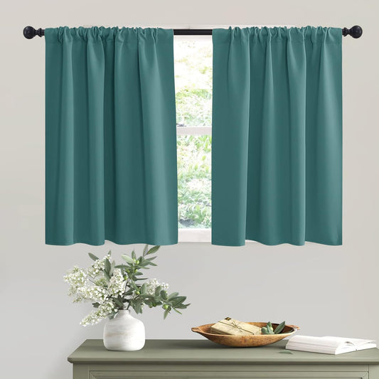 RYB HOME Kitchen Curtains Blackout - Half Window Curtains Thermal Insulated Blackout Privacy Drapes for Living Room Cafe Bedroom Basement, W 42 x L 36, Teal, 2 Panels
