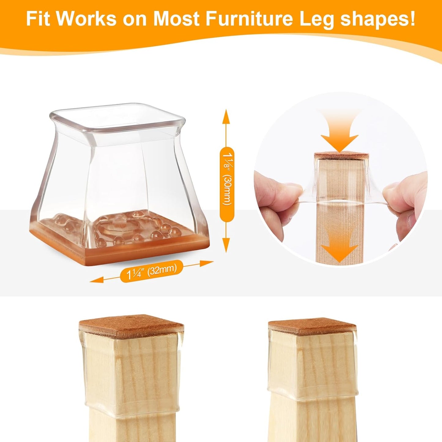 CHUNZEXI 32 Pack Square Chair Leg Floor Protectors for Hardwood Floors, Silicone Felt Covers Pads Caps, Protect Wood Furniture Feet Floors Noise Reduce and Scratch (Square Small & Clear)