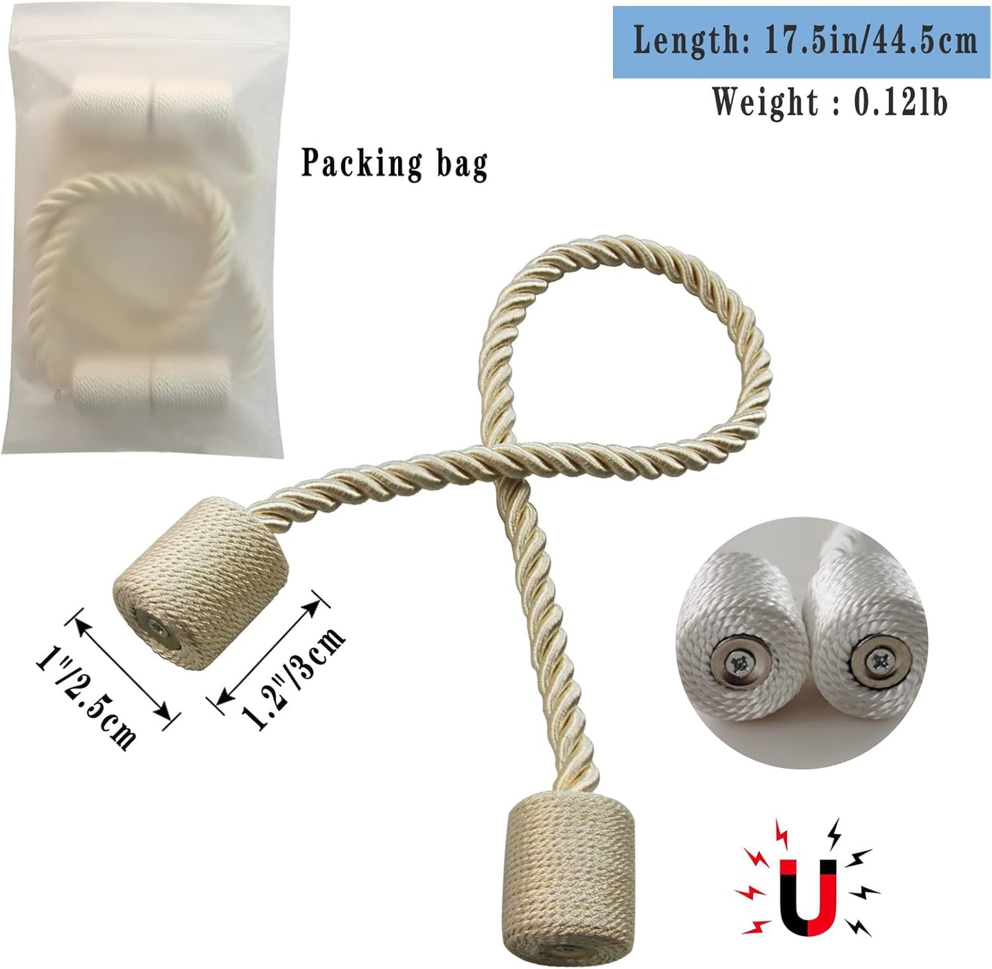 Magnetic Curtain Tiebacks 6 Pack Beige Curtain Rope Tieback Curtain Holders for Drapes Modern Tie Backs Decorative Curtain Holdbacks