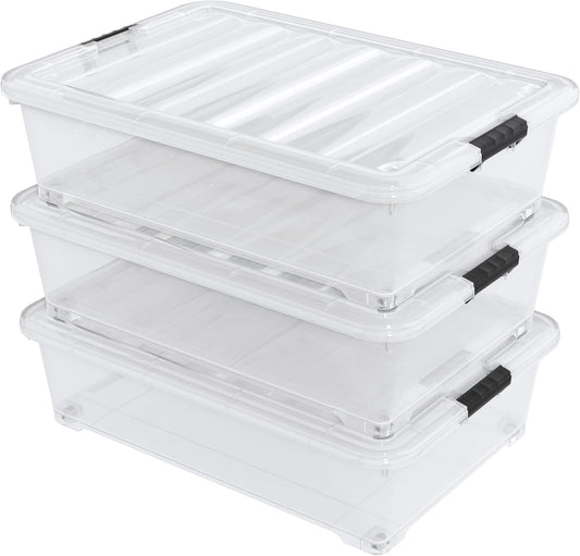50 Quart Large Clear Plastic Under Bed Storage Bins with Wheels, 3-Pack Stackable Storage Bin with Latching Lid