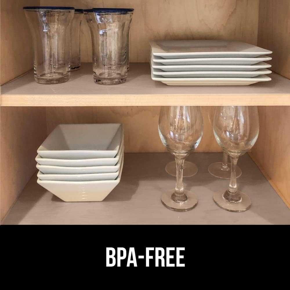 GORILLA GRIP DuraGuard Shelf Liner, Non-Adhesive Cabinet Liners for Kitchen Drawers, Shelves, Refrigerator, Pantry Storage, Bathroom Closet, Durable Waterproof BPA Free Ribbed Plastic, 12x10 Beige