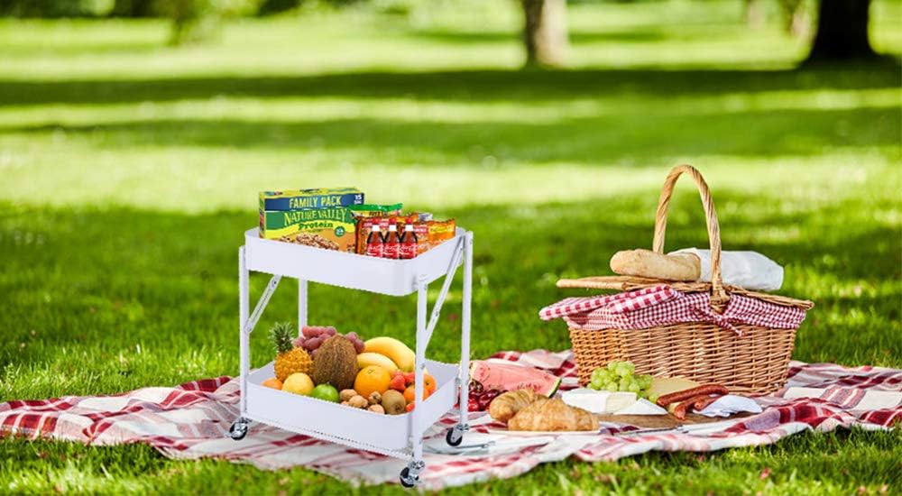 Melody House 2-Tier Metal Folding Rolling Cart, Mobile Utility Cart Trolley Storage Organizer for Office Home Kitchen Organization, Sofa Side End Table with Wheels, White