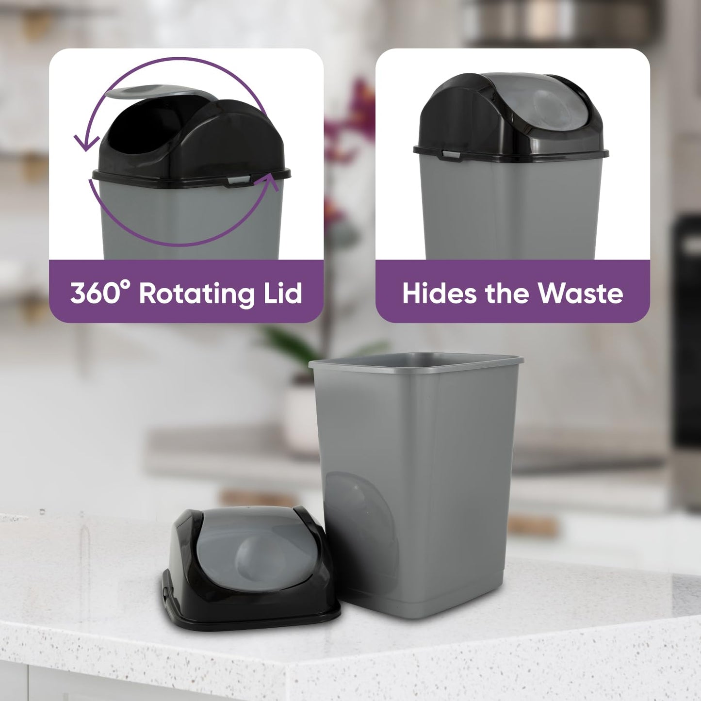 Superio Small 2.5 Gallon Plastic Trash Can with Swing Top Lid, Compact Slim Waste Bin for Under Desk, Office, Bedroom, Bathroom, Dorm Room, 10 Qt. Portable Garbage Can (Grey/Black, 2 Pack)