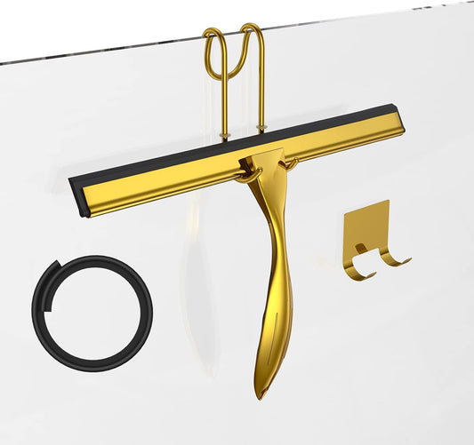 Shower Squeegee for Glass Door 12-Inch Stainless Steel Bathroom Squeegee Window Wiper, with Shower Door Hook, Adhesive Hook, and Spare Silicone Blade for Window Mirror Car All-Purpose Squeegee