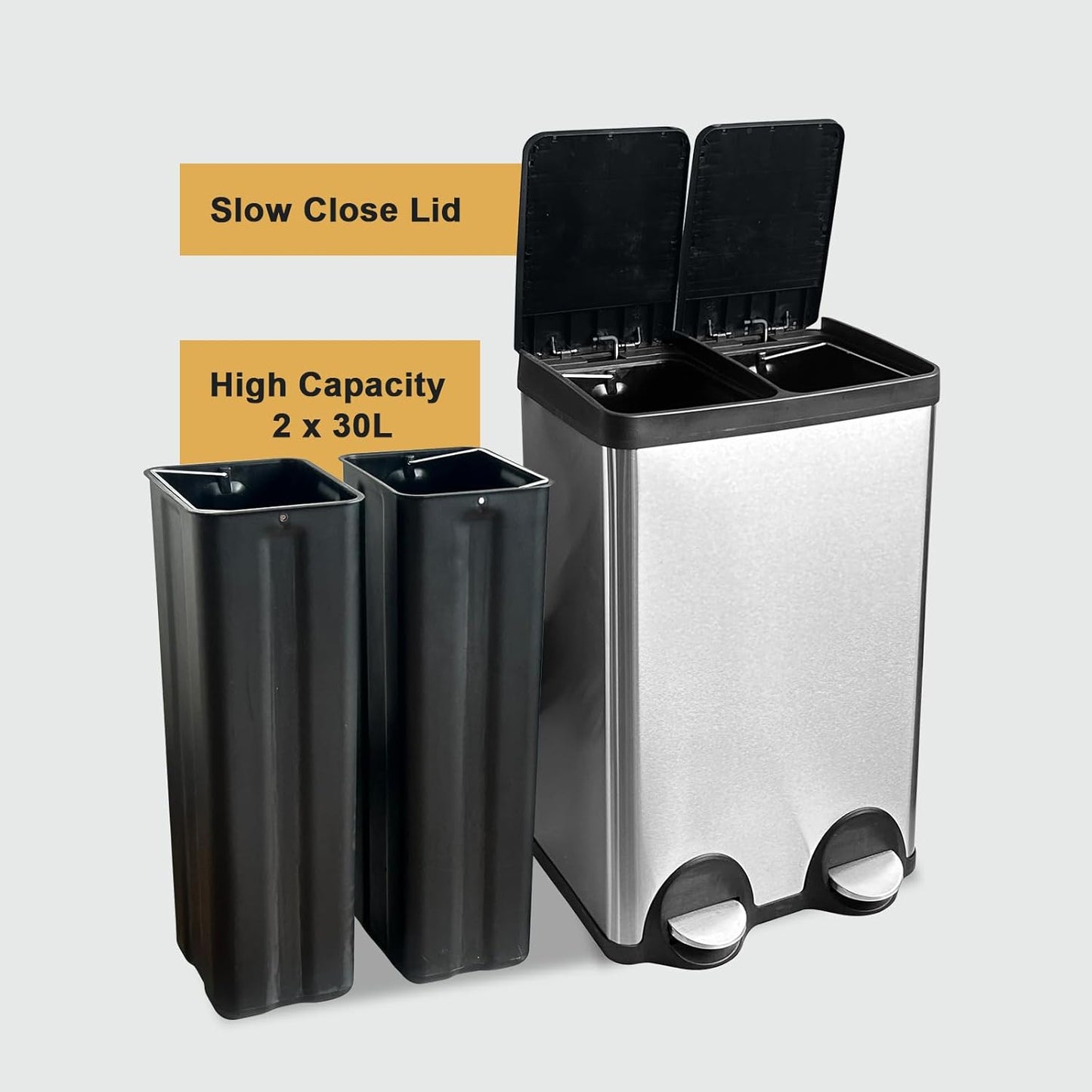 Dual Trash Can, 60 Liter/16 Gallon Dual Bin Trash Can with Lids, Trash and Recycling Bin Combo, Hands-Free Stainless Steel Kitchen Garbage Can, Silver Recycling Waste Bin for Home, Office