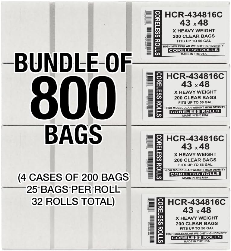 Aluf Plastics High Density Trash Bags, 56 Gallon, 800 Count, 16 Micron (eq), 43" x 48", Clear, for Bathroom, Office, Industrial, Commercial, Janitorial, Municipal, Recycling