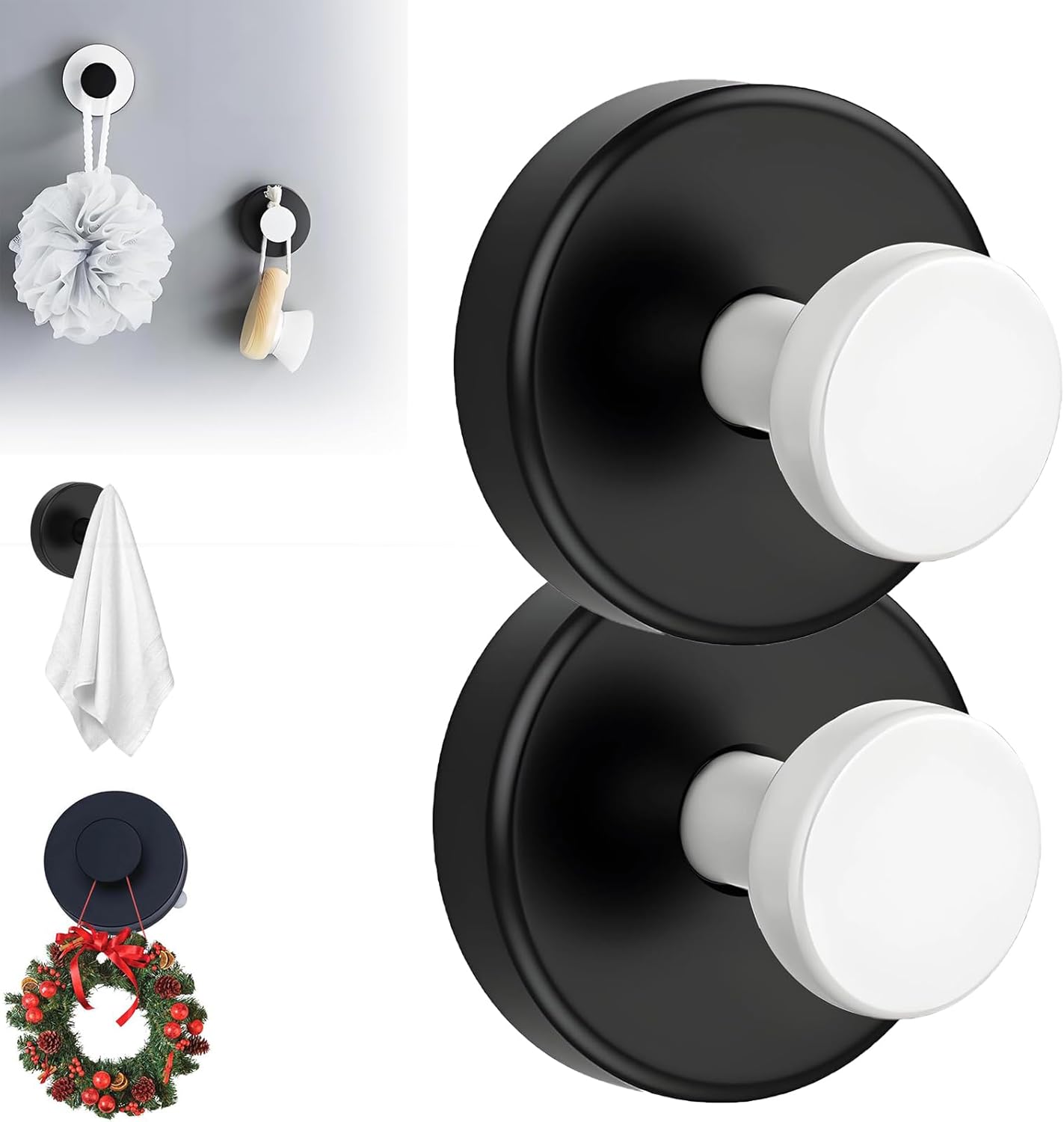 Suction Cup Hooks for Wreaths, 2025 New No Drill Suction Cup Hooks on Glass, Wreath Hanger for Front Door, Rustproof Hook Holder Towel Hook for Window Bathroom Mirrors Tile (2, Black A)
