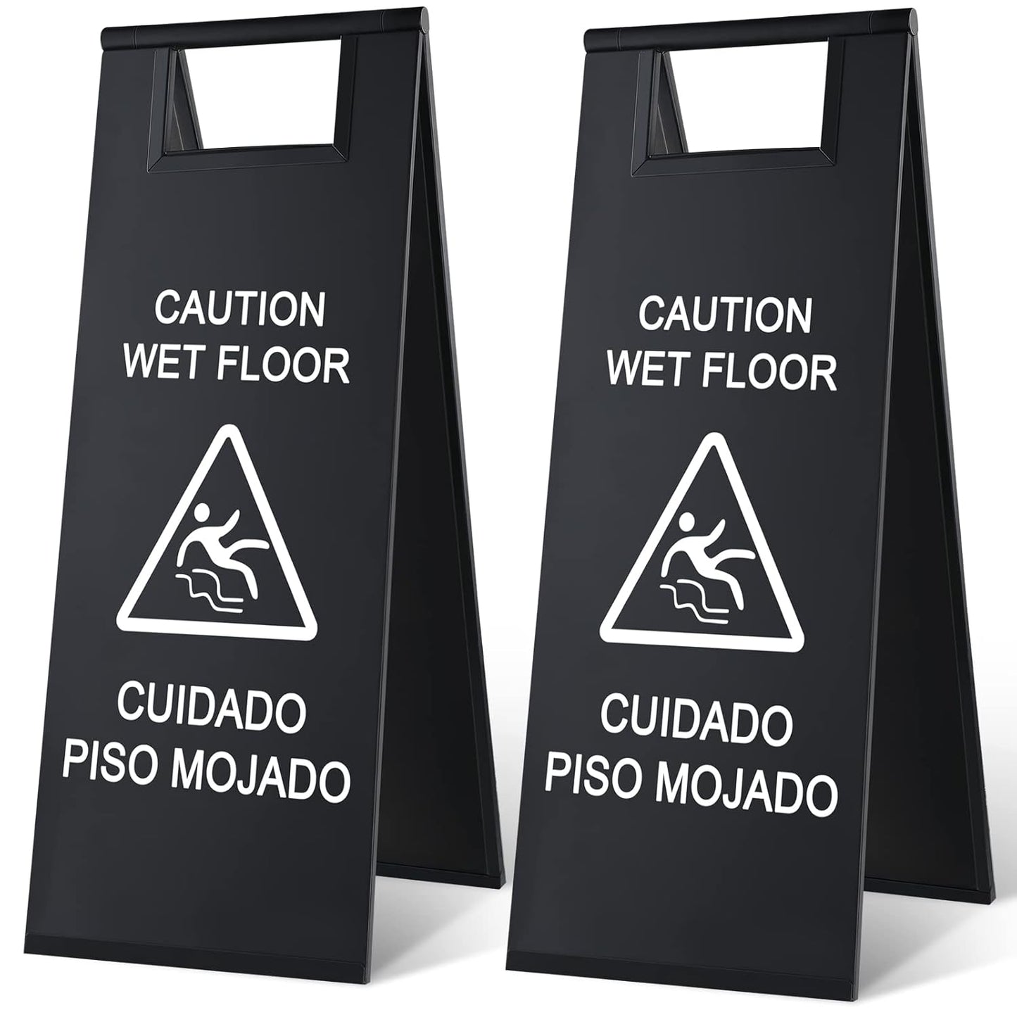 Kigley 2 Pcs Wet Floor Sign, 24 Inch Stainless Steel Caution Wet Floor Sign Double Sided Portable Foldable Bilingual Safety Warning for Hotel Market Restroom Restaurant Office (Black)